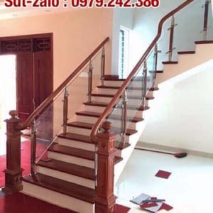 Cầu thang lan can kính tay vịn gỗ, Cầu thang lan can kính cường lực đẹp