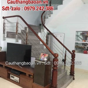 Cầu thang inox gỗ, Lan can cầu thang inox tay vịn gỗ
