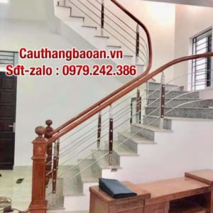 Cầu thang inox gỗ, Cầu thang inox tay vịn gỗ đẹp