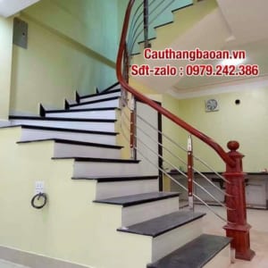Cầu thang inox tay vịn gỗ, Cầu thang lan can inox tay vịn gỗ đẹp hiện đại