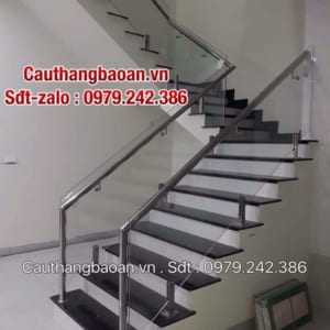 Cầu thang gỗ kính, Cầu thang gỗ kính đẹp, Cầu thang kính cường lực ở Hà Nội, Lan can kính tay vịn inox