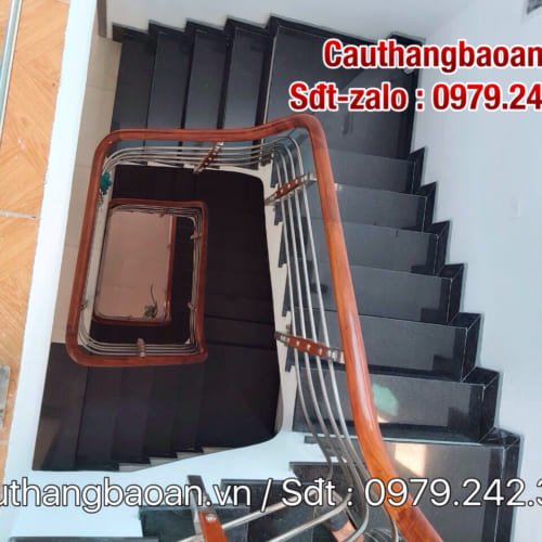 Cầu thang inox đẹp tay vịn gỗ, Lan can cầu thang inox tại Hà Nội